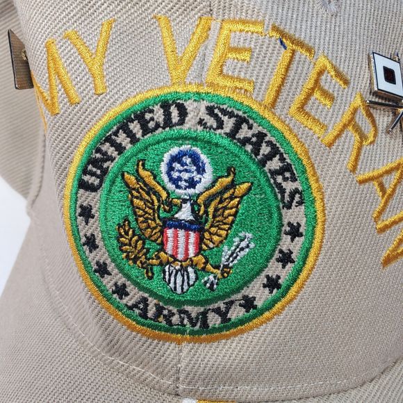 United States Army Veteran Tan Beige Baseball Trucker Cap Hat With 2 Pins Hook N - Picture 5 of 9